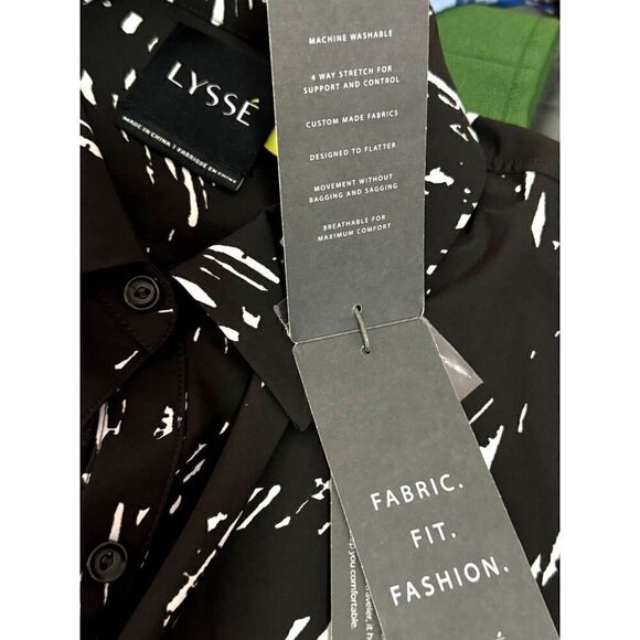 NWT Lyssé Nylon Blend Long Sleeve Designer Top Sz L Black and White Design - Picture 3 of 13